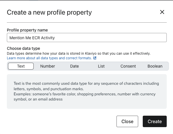 New field data type configuration in Klaviyo
