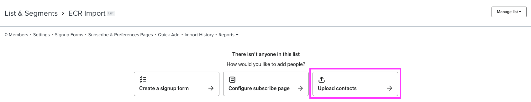 Upload Contacts button in Klaviyo