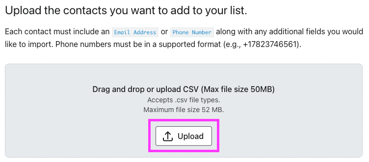 Upload CSV interface in Klaviyo