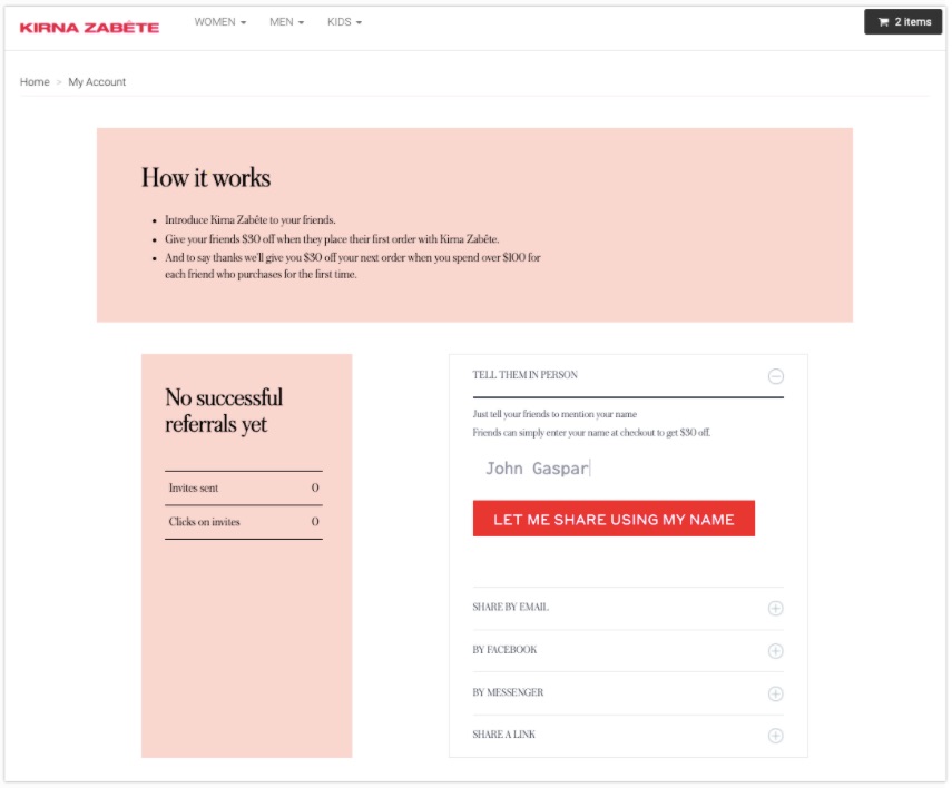 Customer referral dashboard example in Shopify