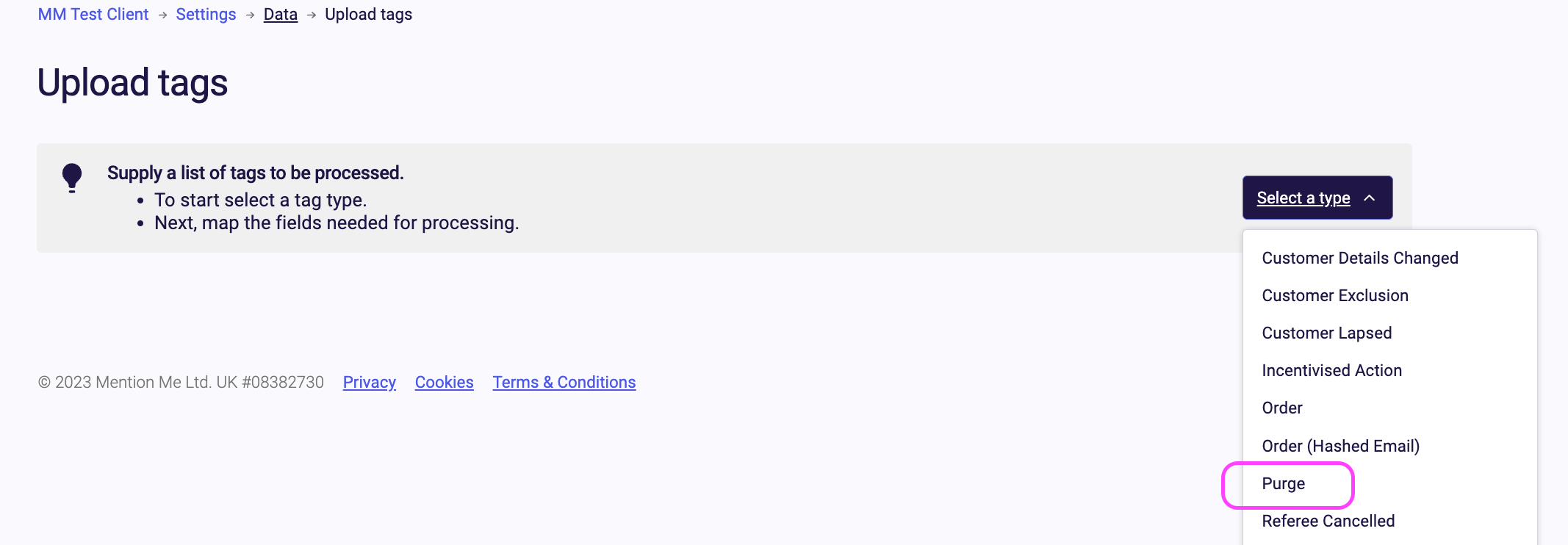 Image showing the Purge option from the dropdown list