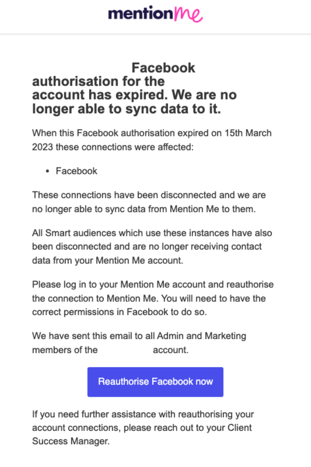How to reauthorise my Facebook login details Mention Me Help Centre