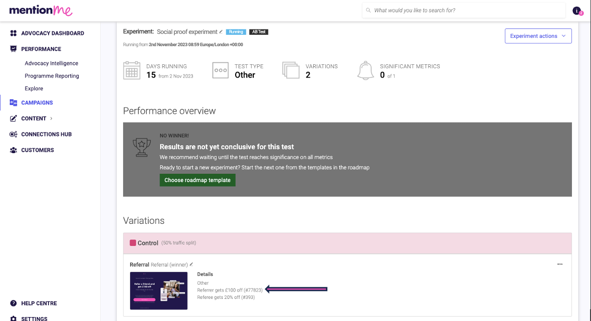 Image showing where to locate the Reward ID on the Experiment page