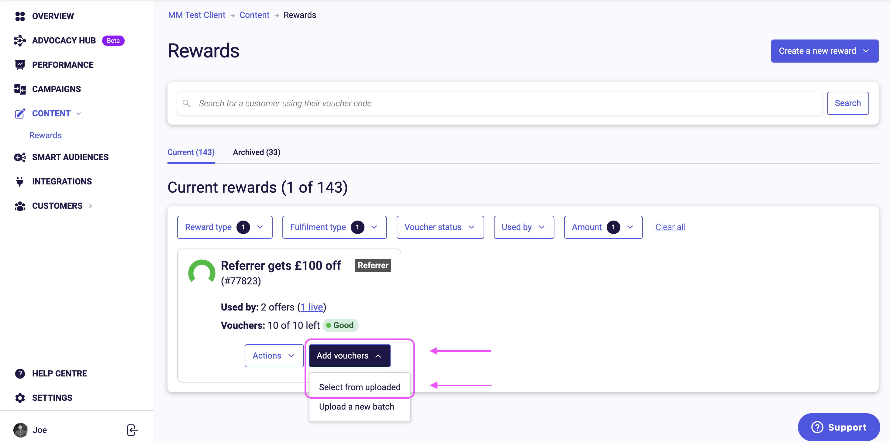 Image showing where to click to upload vouchers to the selected reward