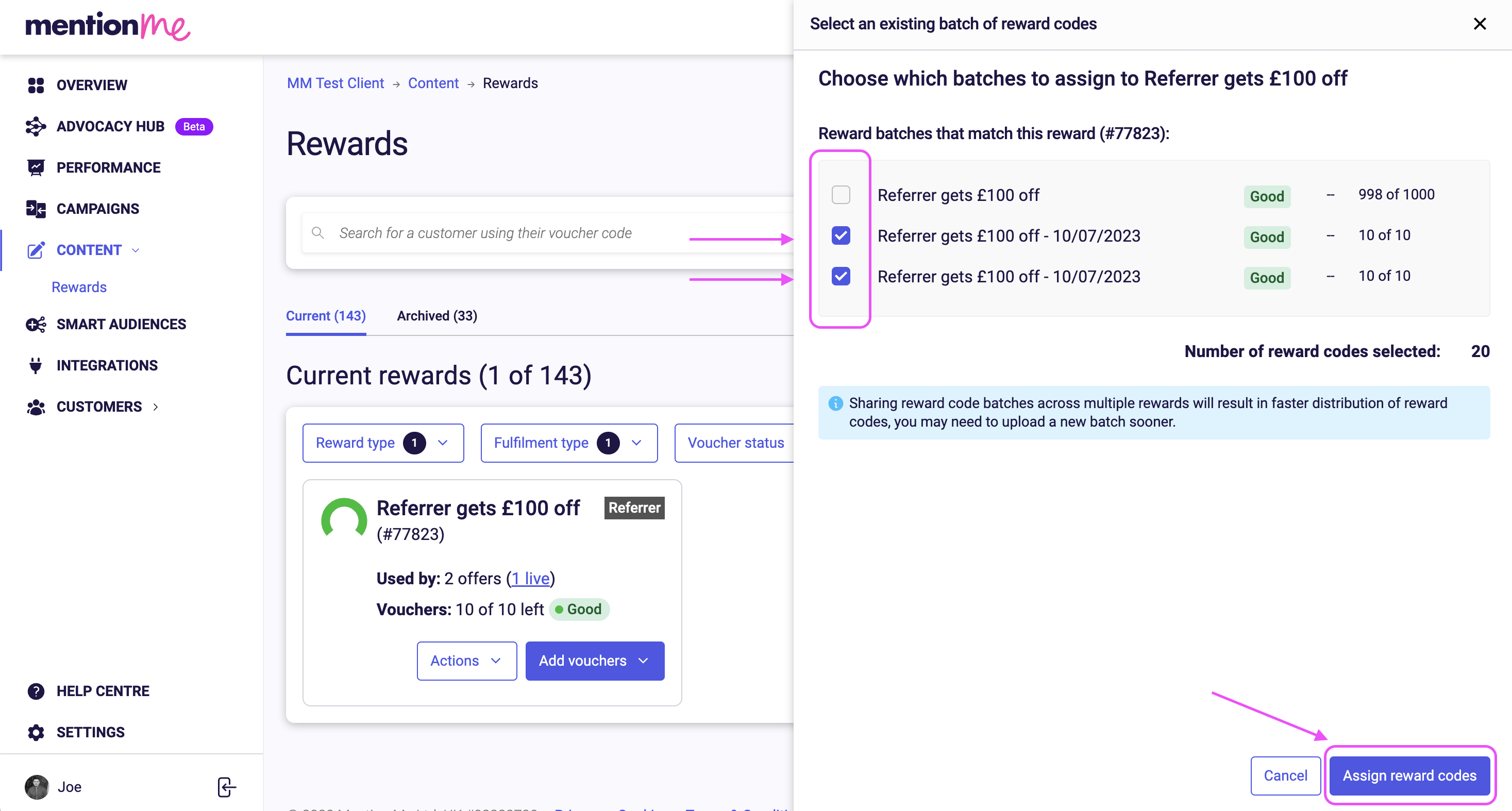 Image showing available reward batches that match the selected reward value
