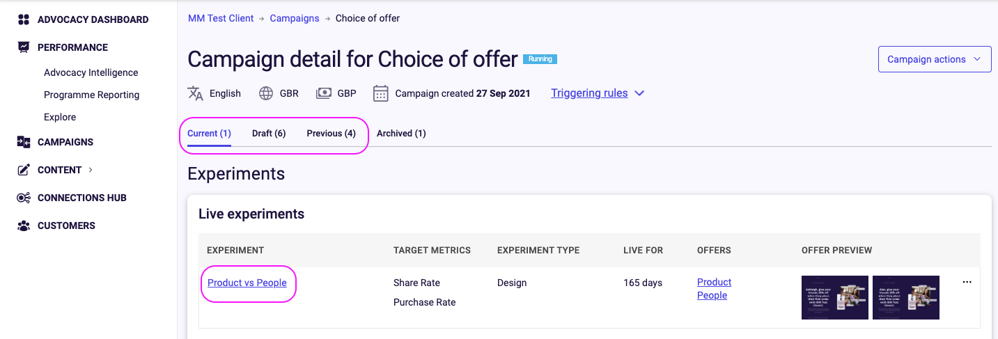 Image showing how to access the different experiment statuses