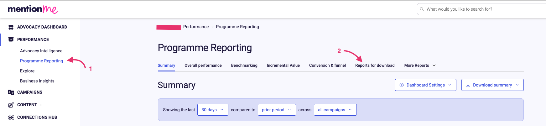 Mention Me Reports for Download screen