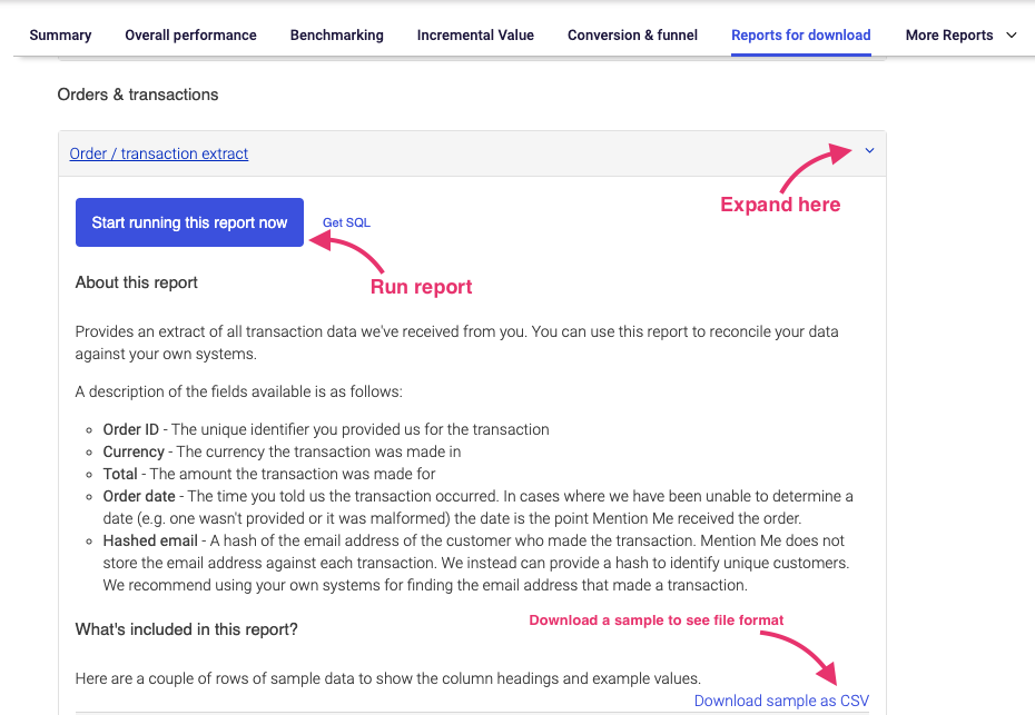 Mention Me Orders and Transactions field selection