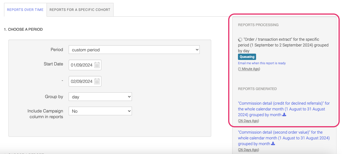 Reports processing and download view in Mention Me platform