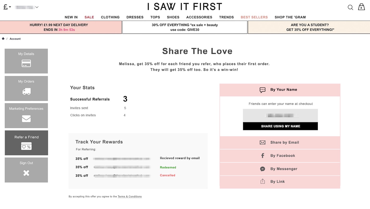 Referral dashboard in My Account area