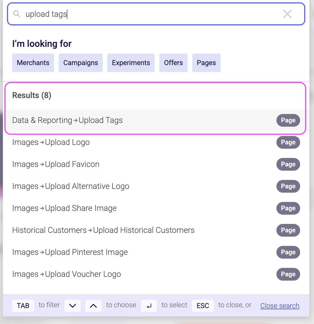 Image showing how to find the Upload Tags feature from the search bar