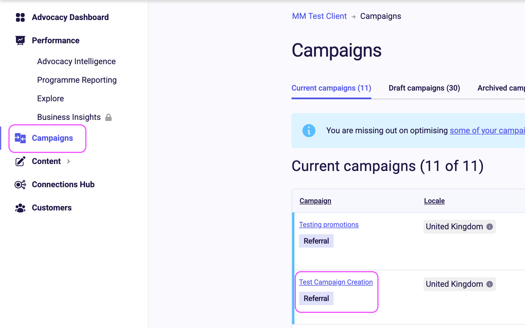 Image showing where to click to open your campaign