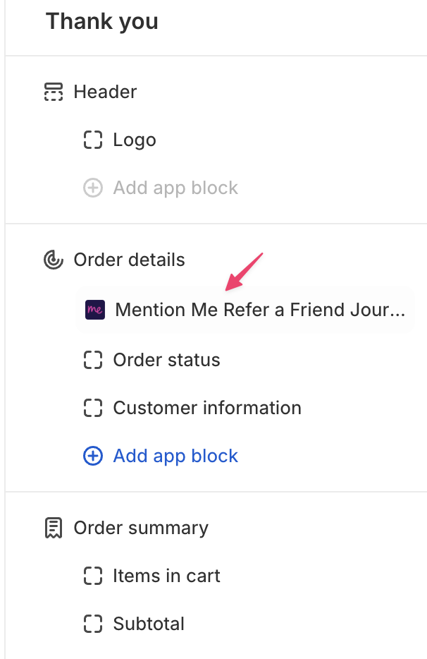 Choosing the Mention Me app block
