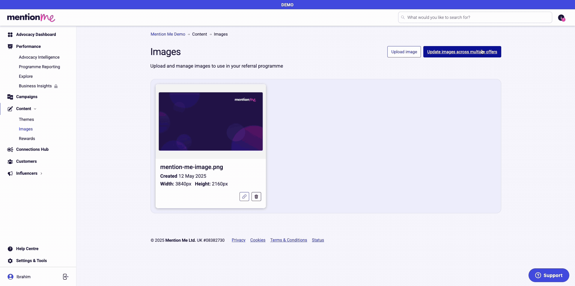 The cursor is selecting the update images across multiple offers button and then selecting the offer type and campaign, before selecting the upload image button