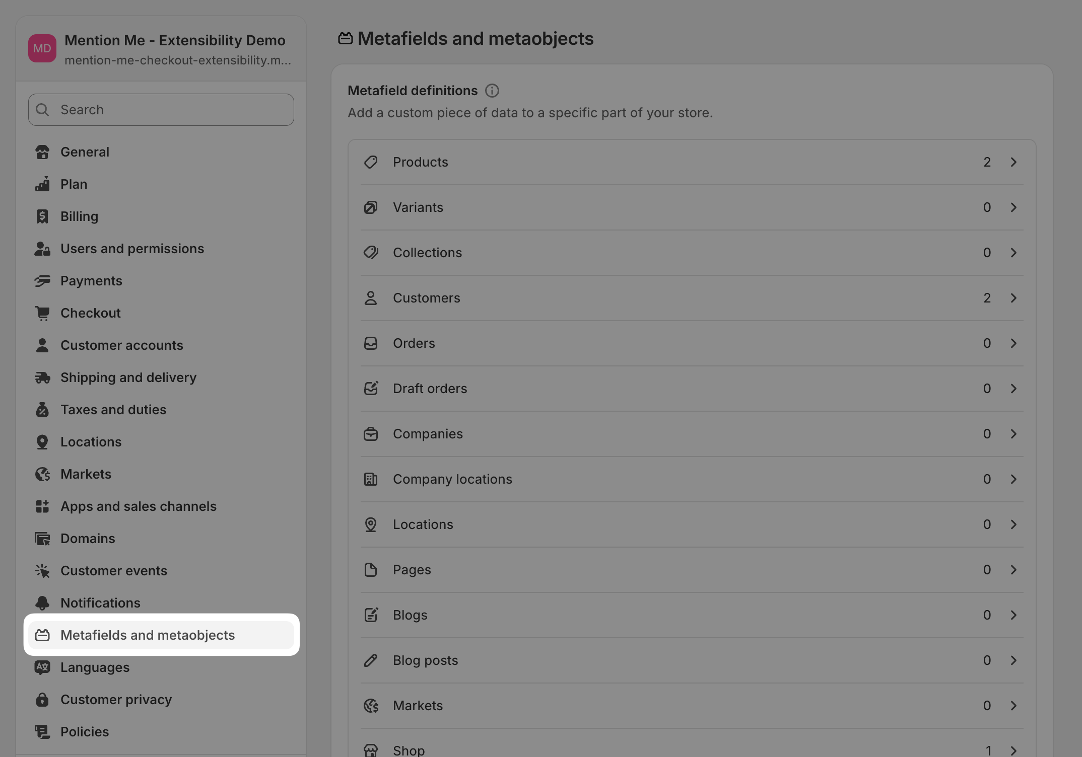 Shopify Metafields and Metaobjects settings