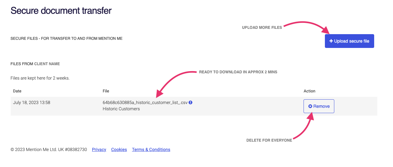 Successfully uploaded file displayed in Secure Document Transfer list