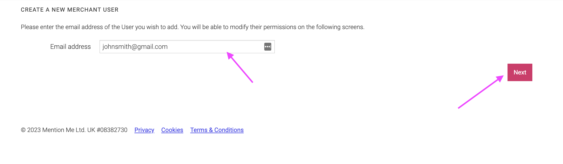 Image showing where to add a new users email address and how to proceed