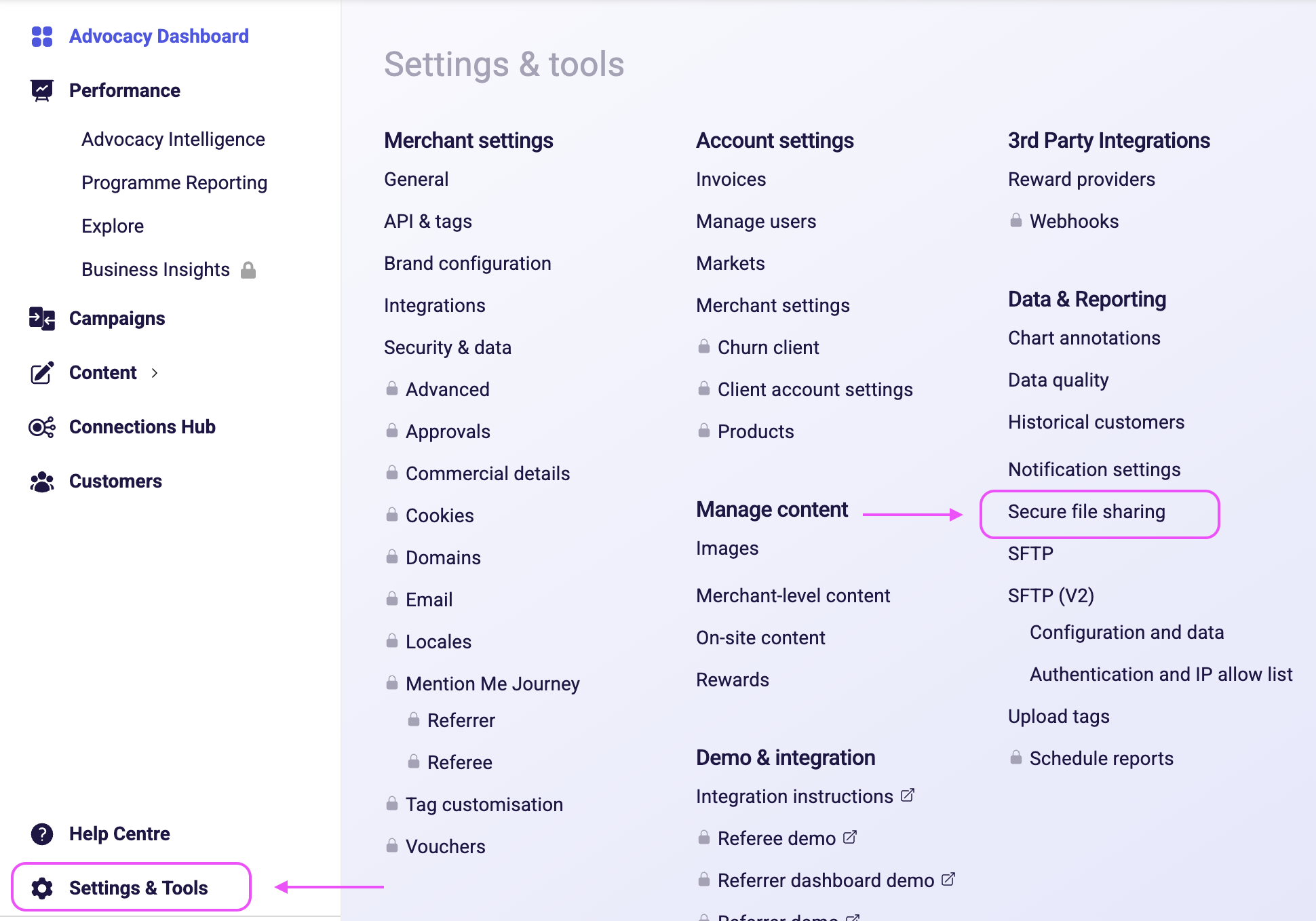 Settings navigation highlighting Secure file sharing in Mention Me platform
