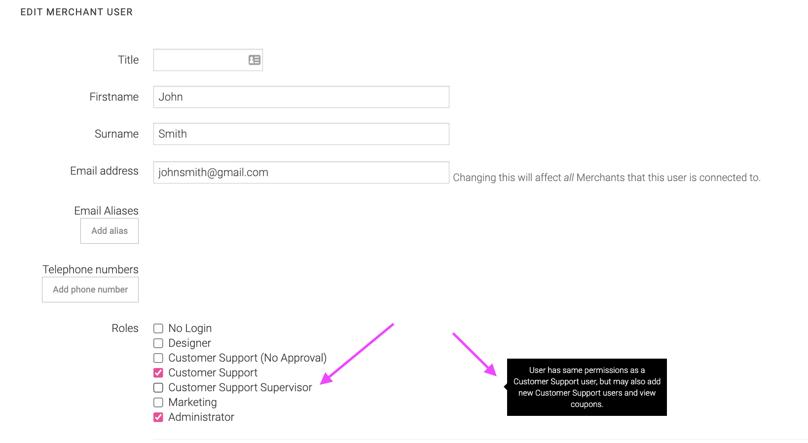 Image showing how you can see the permission levels per Role