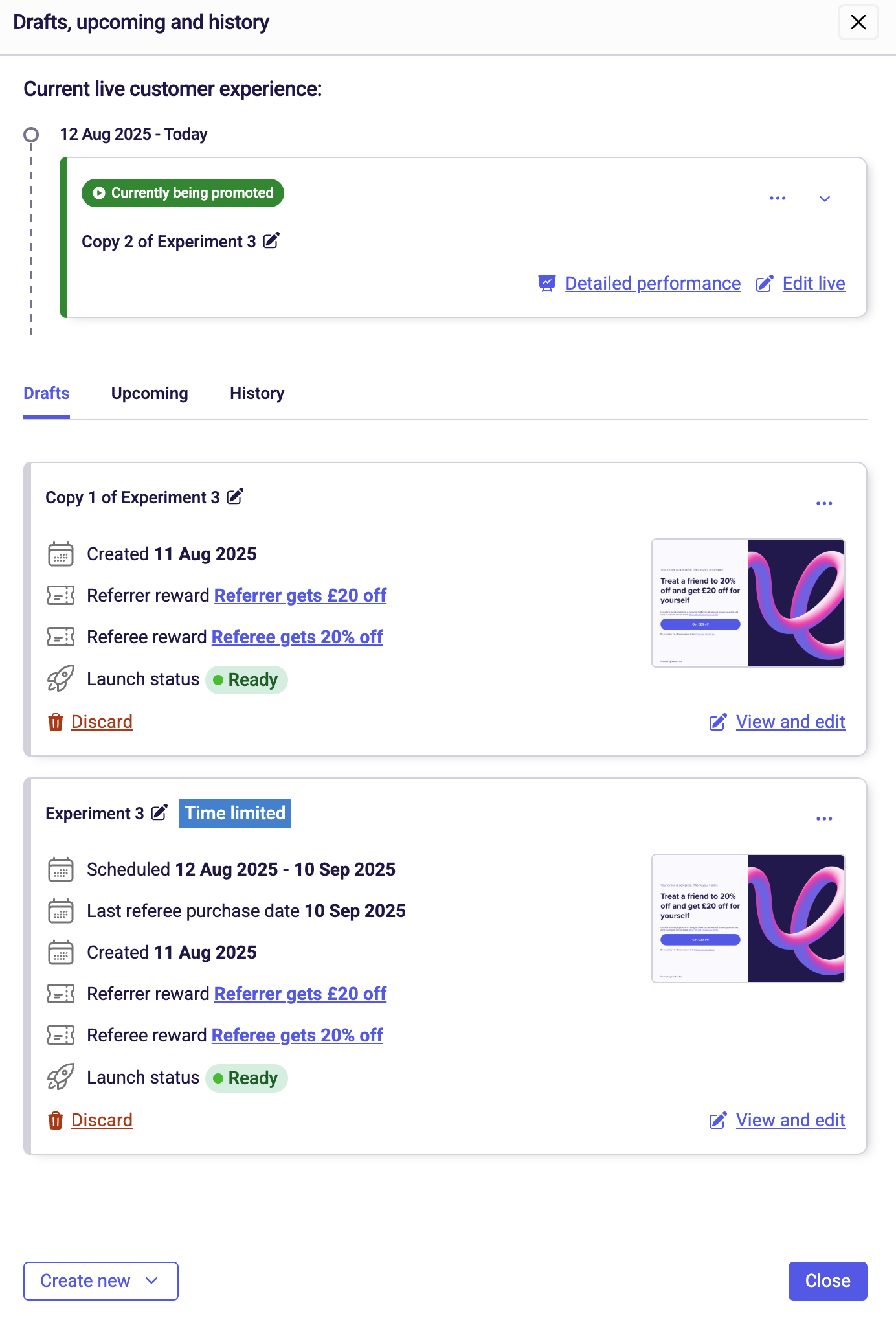 Campaigns drawer showing draft, upcoming, and historic experiences