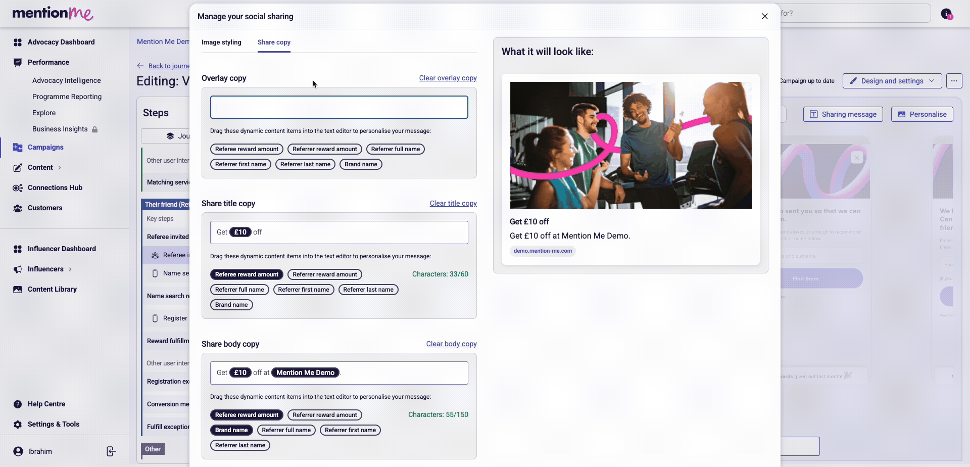 The user is editing the overlay copy in the share copy tab using dynamic content
