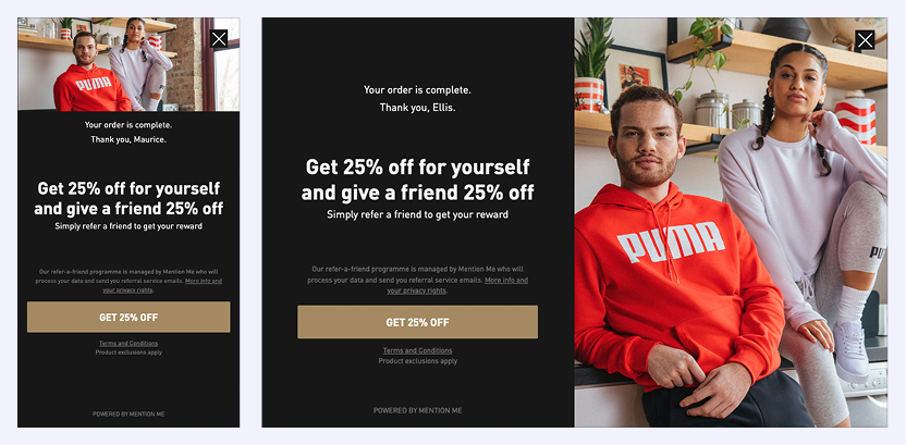 Two Puma models in a casual home setting, with a 25% off referral offer and order completion message displayed on screen.