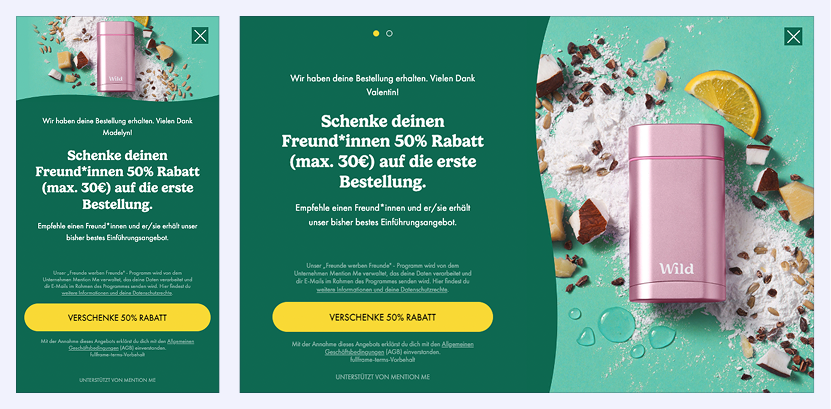 A pink Wild deodorant sits on a green background surrounded by baking ingredients, with a German referral offer for 50% off (max €30) the first order shown on screen.