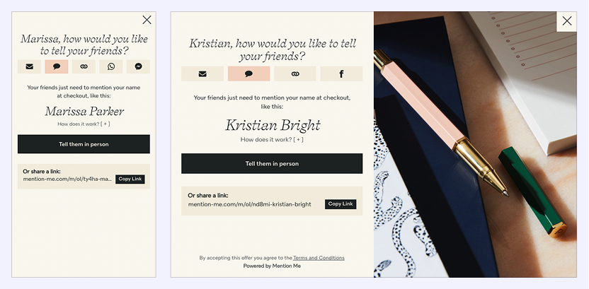 A referral sharing options page showing ways to refer friends, with a name sharing example, a copy link button, and stationery items like a notebook and pen in the background.