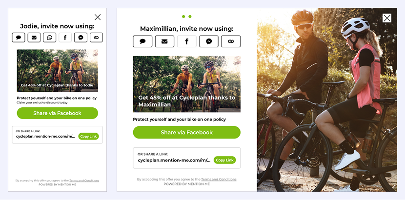 A referral invitation page for Cycleplan showing different sharing options, featuring two cyclists with bikes and an offer for 45% off displayed on screen.