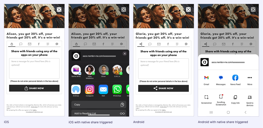 A referral offer screen showing 20% off for customers and friends, with options to share via any app on iOS and Android devices, including native sharing menus.