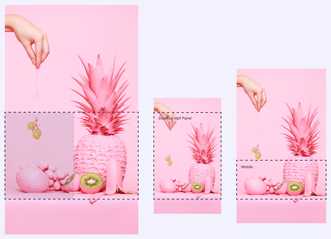 A pink pineapple with assorted pink and green fruits, with a hand holding grapes above, displaying the cropping areas for desktop and mobile asset sizes outlined by dashed boxes.