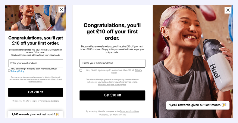 A referral sign-up page offering £10 off a first order, featuring a smiling person holding a Huel bottle in a gym setting and a message about recent rewards given.