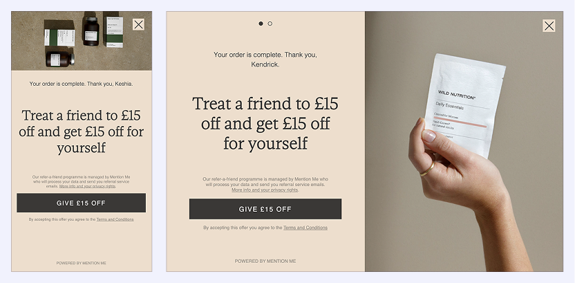 A referral confirmation page offering £15 off for both the customer and their friend, featuring Wild Nutrition product packaging and a hand holding a supplement sachet.