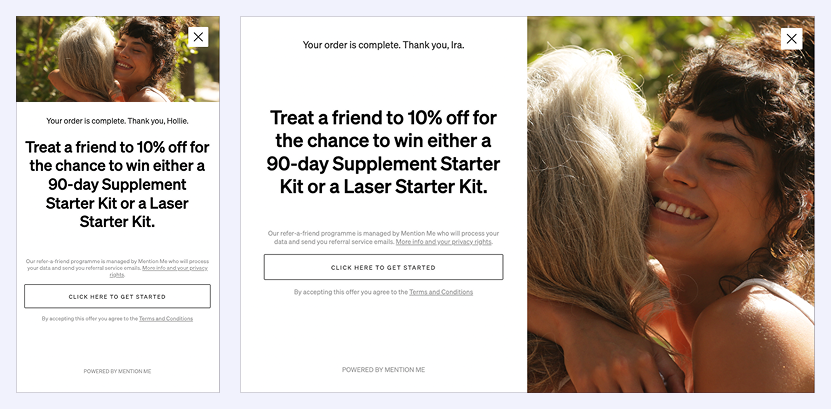 A referral confirmation page showing two people with light and dark hair hugging and smiling outdoors, alongside an offer to treat a friend to 10% off for a chance to win a 90-day Supplement Starter Kit or a Laser Starter Kit.