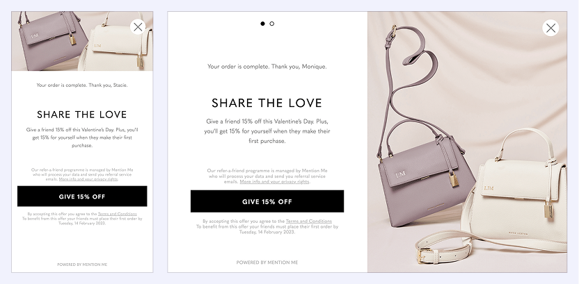 A referral confirmation page offering 15% off for both the customer and their friend, with images of two designer handbags—one lilac and one cream—against a soft background.