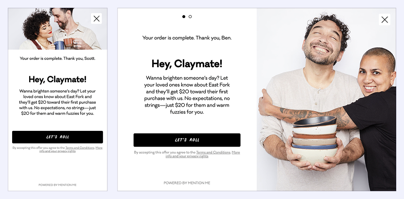 A referral confirmation page for East Fork showing two people happily holding a stack of colourful ceramic bowls, with a message about giving $20 off to friends and earning $20 for yourself.