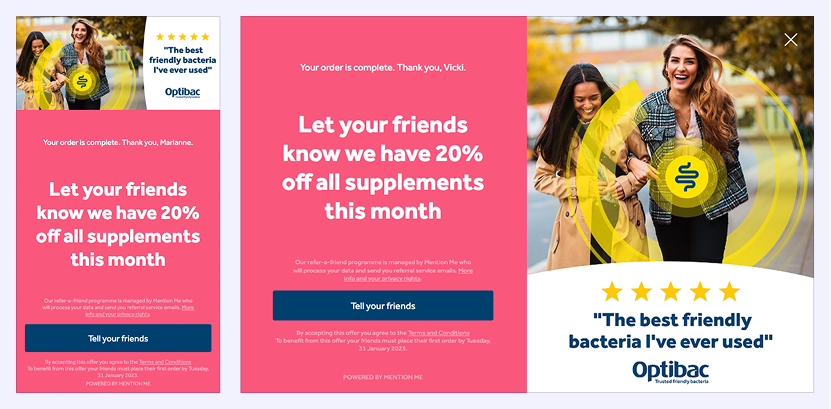 A referral confirmation page for Optibac, offering 20% off all supplements this month, with an image of two smiling women walking outdoors and a testimonial saying, "The best friendly bacteria I've ever used."