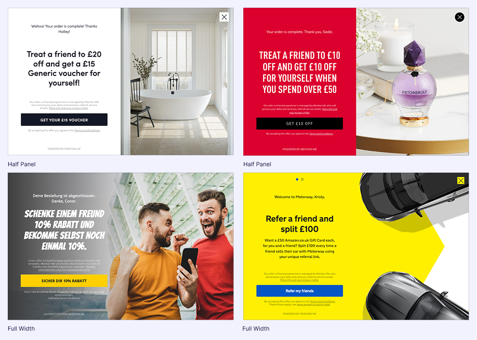 A collage of referral confirmation screens showing different brands and reward offers, including £20 or £15 vouchers, 10% discounts, and a £100 split. Images include a bathroom, perfume bottle, excited friends, and cars, with half panel and full width layout examples.