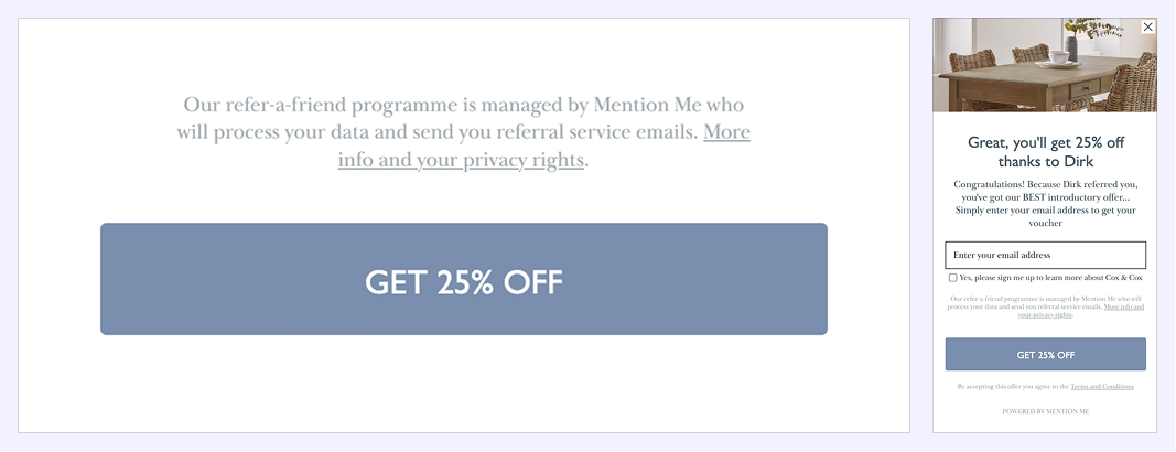 A referral offer page with a prominent "Get 25% Off" button and a sign-up form requesting an email address, alongside a note about Mention Me managing the refer-a-friend programme, a link to privacy policy information, and a photo of a dining table and chairs.