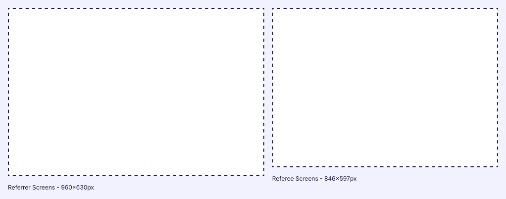 Two iframe showing dimensions for referral campaign images: one labeled "Referrer Screens – 960x630px" and the other "Referee Screens – 846x597px" on a light background.