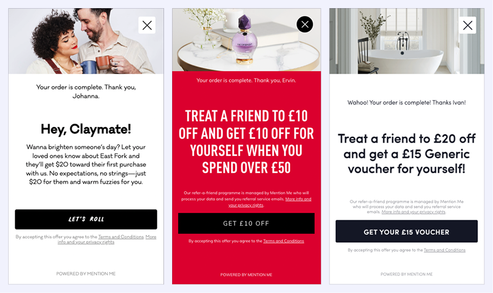 Three referral confirmation screens with different offers: $20 at East Fork with a happy couple, £10 off a £50+ spend at Viktor&Rolf with a perfume bottle, and a £20 friend offer with £15 voucher for yourself alongside a bright bathroom setting, all including privacy policy links.