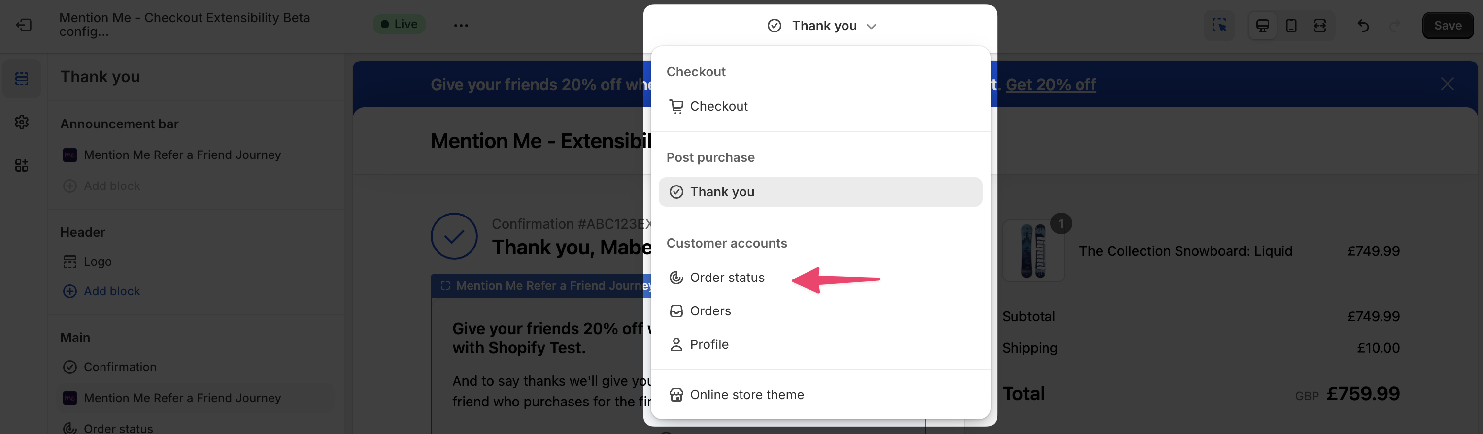 Order status page selector
