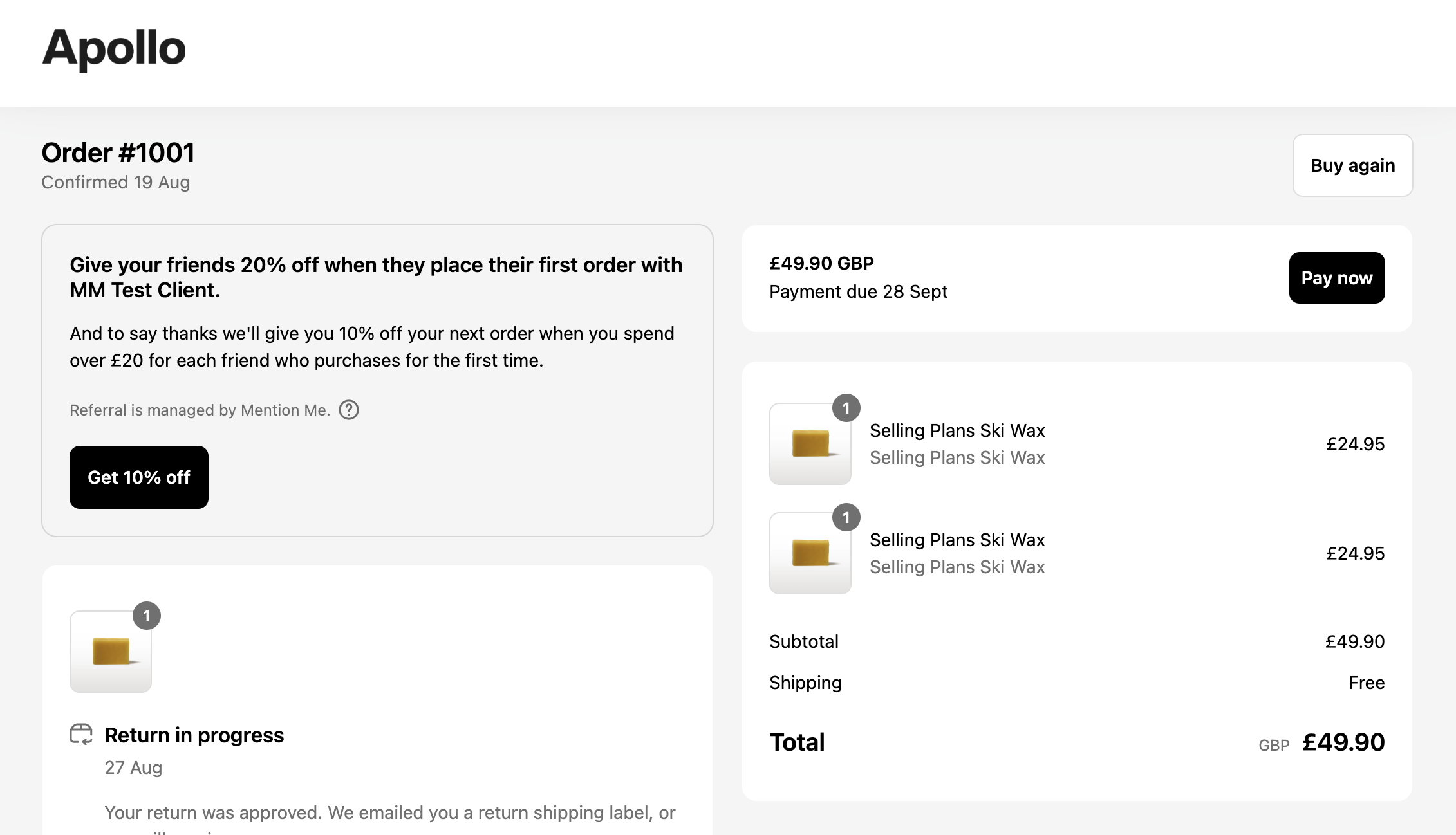 Full order status layout with Mention Me