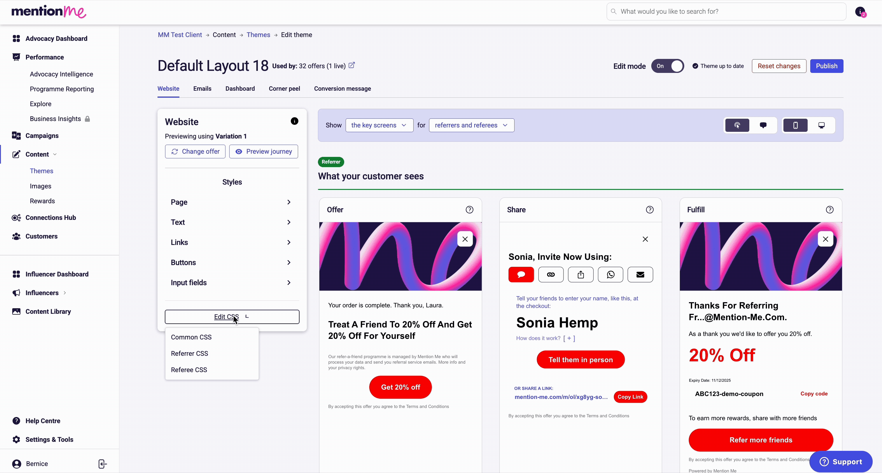 Screen recording showing how to navigate to the Edit CSS area in Mention Me Dashboard