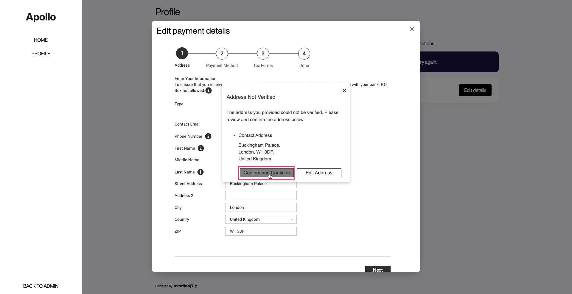 Screen displaying address verification step and edit options