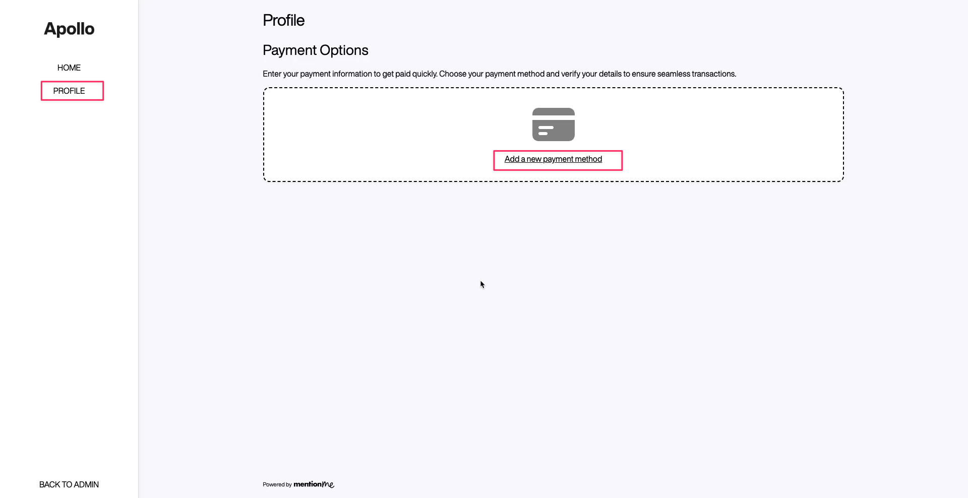 Influencer dashboard showing option to add a new payment method