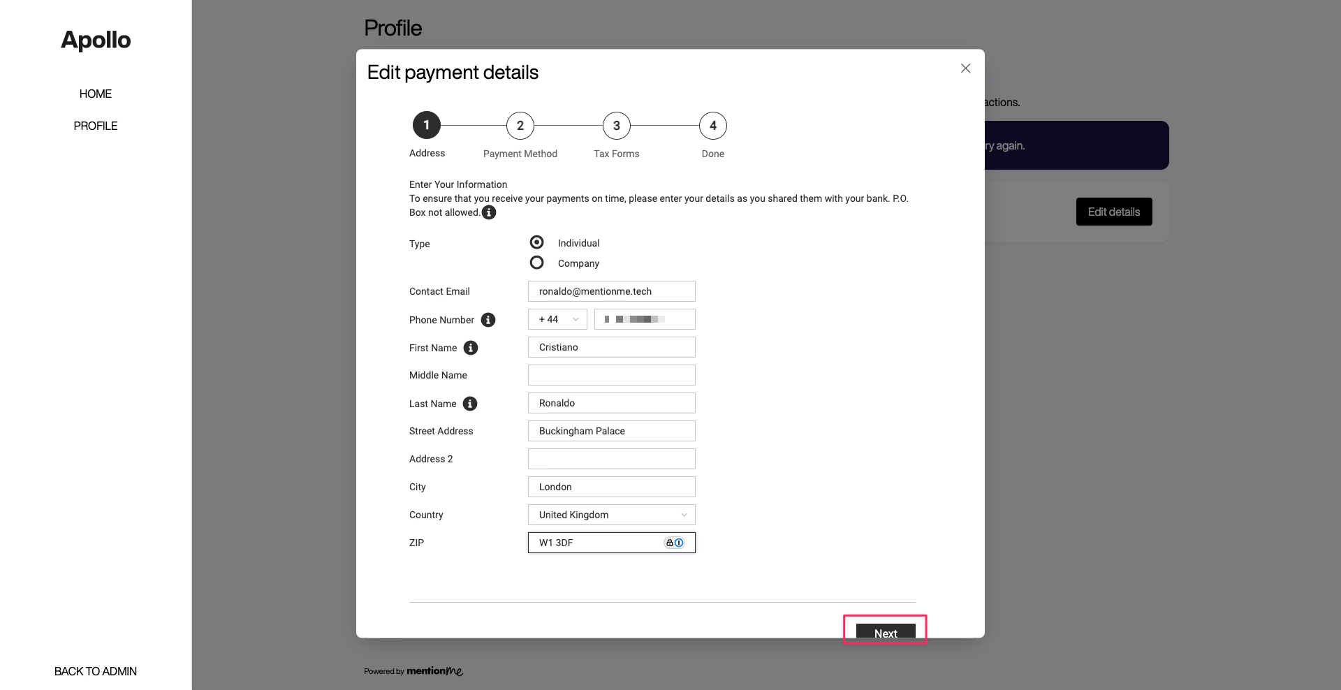 Form fields for entering address, mobile, and country selection for payment setup
