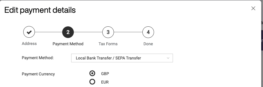 Currency selection dropdown for available payout currencies