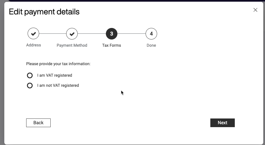 VAT registration checkbox and field for entering VAT number