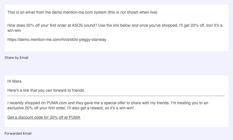 Examples of referral emails, one showing a plain text referral message with a link for 20% off at ASOS, and another forwarded email offering a 20% discount code for PUMA to share with friends.
